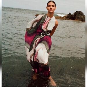 Zara Large Asymmetrical Printed Dress With Wrinkle Effect Self Belt Multicolored